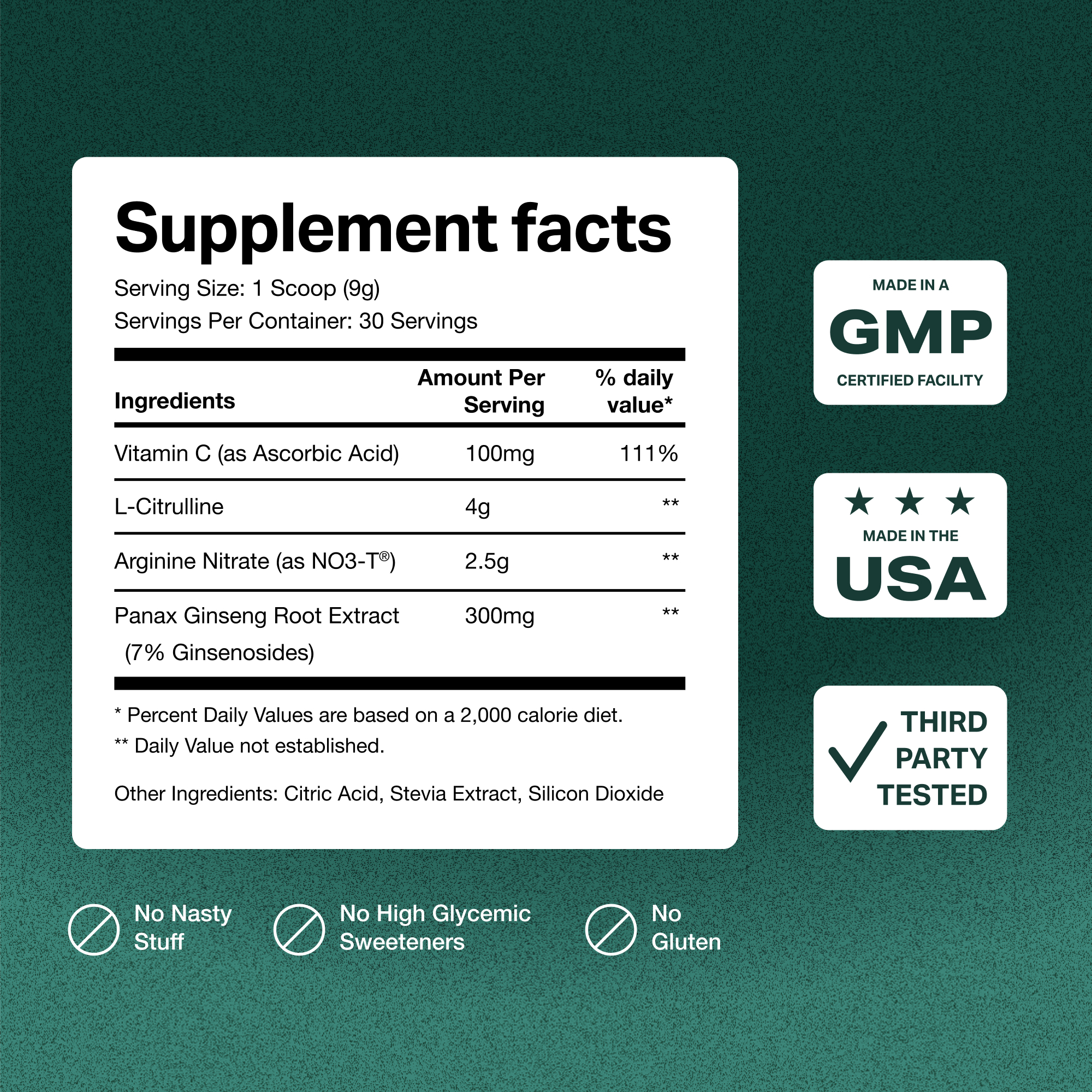 A supplement facts label showing ingredients, amounts, and quality certifications like GMP, Made in the USA, and gluten-free.