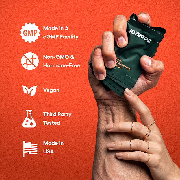 A man's hand holds Joymode packets next to icons listing benefits like 'Made in USA' and 'Vegan'.