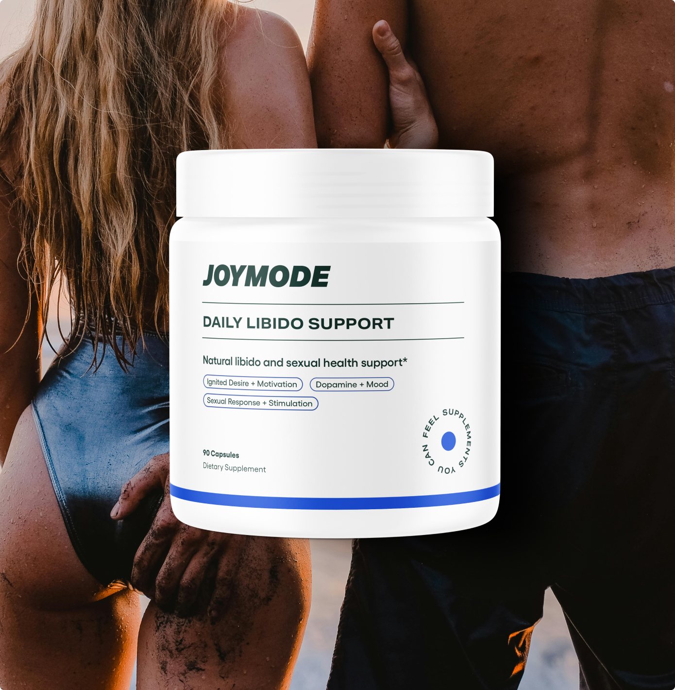 Joymode supplement bottle with two people in swimwear holding hands.