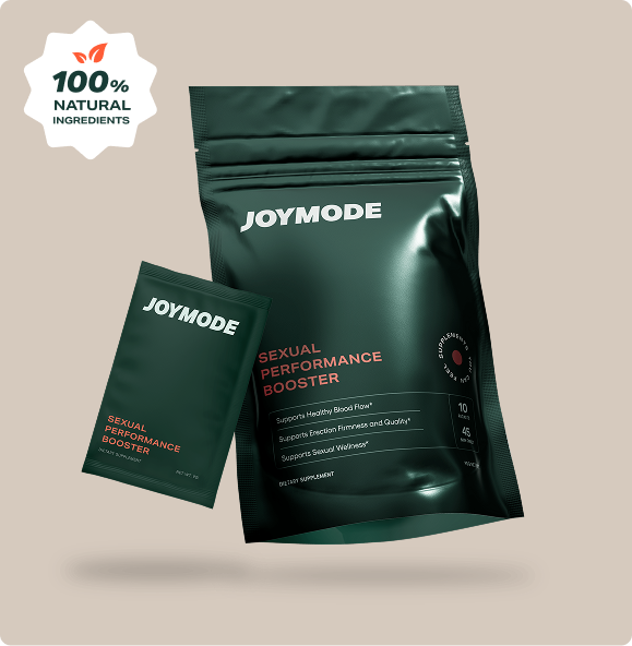 A dark green pouch and packet of JOYMODE Sexual Performance Booster with a 100% natural ingredients logo.
