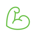 Green outline of a flexed bicep muscle icon on a white background.