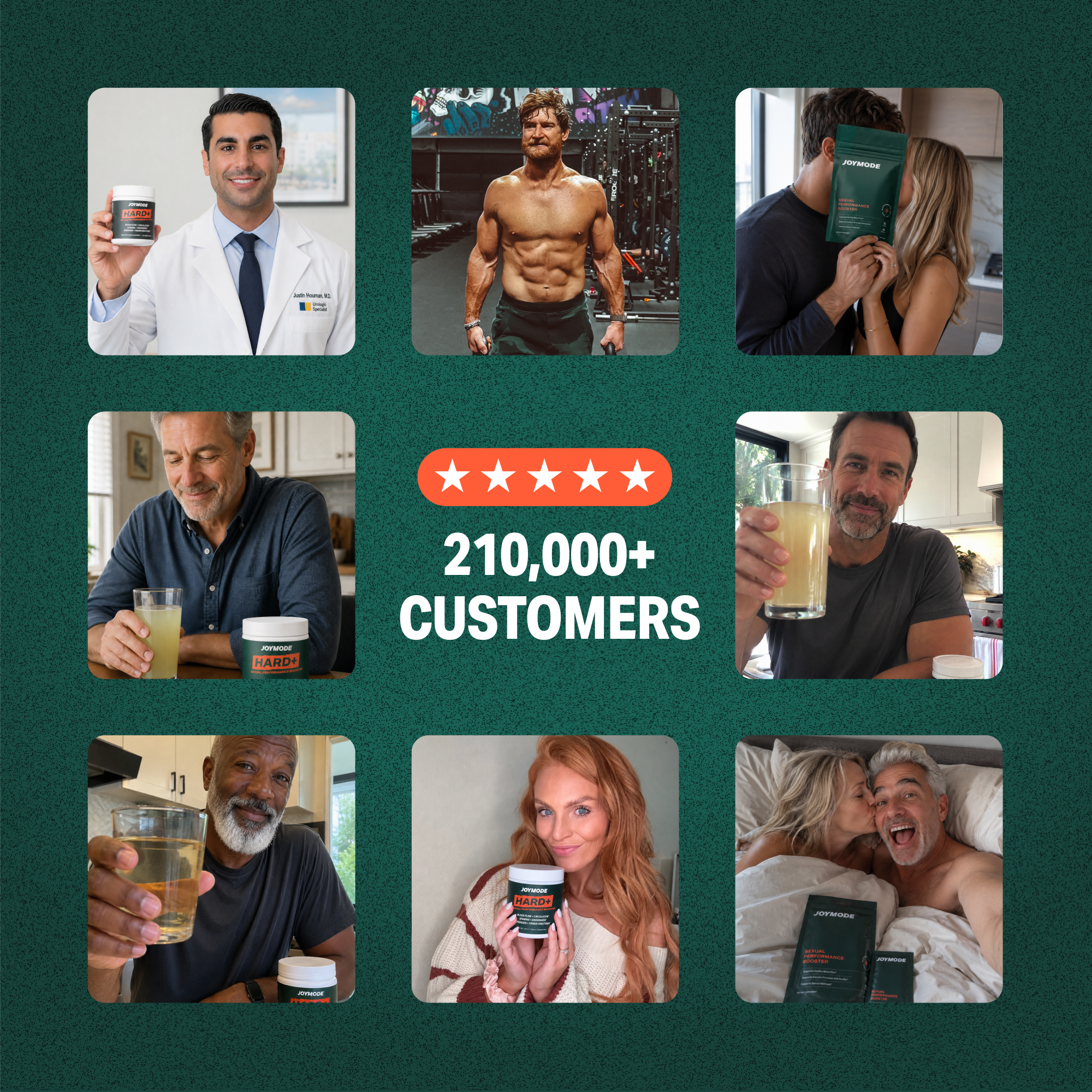 A photo collage of diverse people with Joymode products surrounding text that reads '210,000+ Customers'.