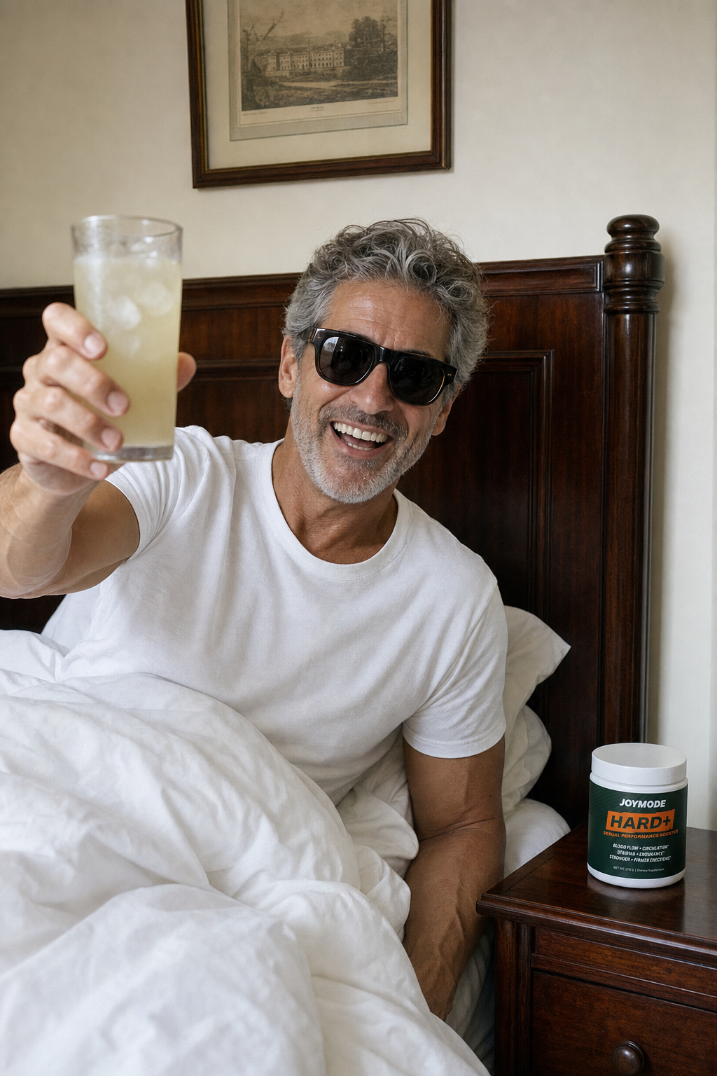 A smiling man in sunglasses sits in bed, raising a glass, with a jar of Joymode on the nightstand.