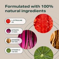 Text reads 'Formulated with 100% natural ingredients' with ingredient names and colorful circular images.