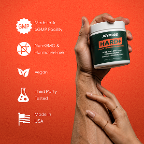A hand holds a jar of JOYMODE HARD+ supplements next to icons describing its features on an orange background.