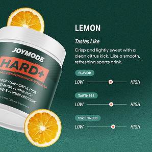 A container of Joymode Hard+ lemon performance booster next to lemon slices and taste profile sliders.
