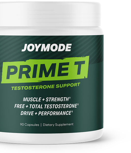 A white bottle of Joymode Prime T, a dietary supplement for testosterone support, against a white background.