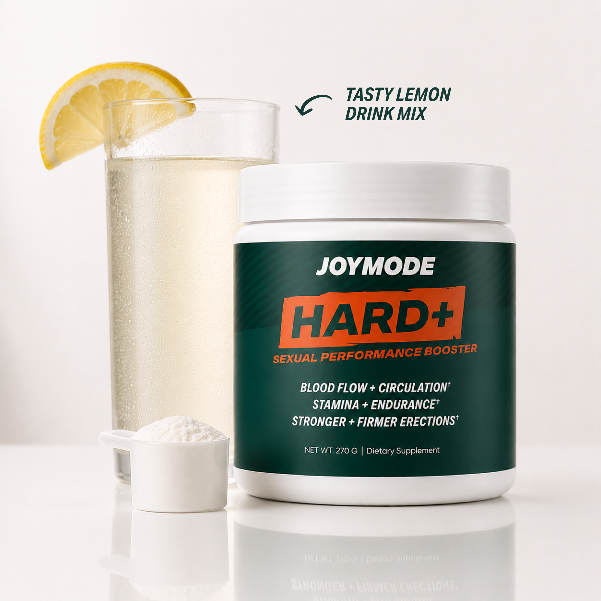 A tub of Joymode Hard+ sexual performance booster next to a lemon drink and a scoop of powder.