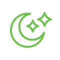 Green crescent moon and two stars on a white background.