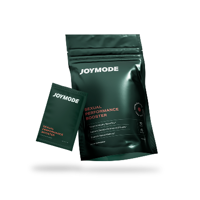 A dark green pouch and single-serving packet of Joymode Sexual Performance Booster against a white background.