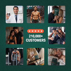 A photo collage of people, including a doctor and fit couples, surrounding text that reads '210,000+ CUSTOMERS'.