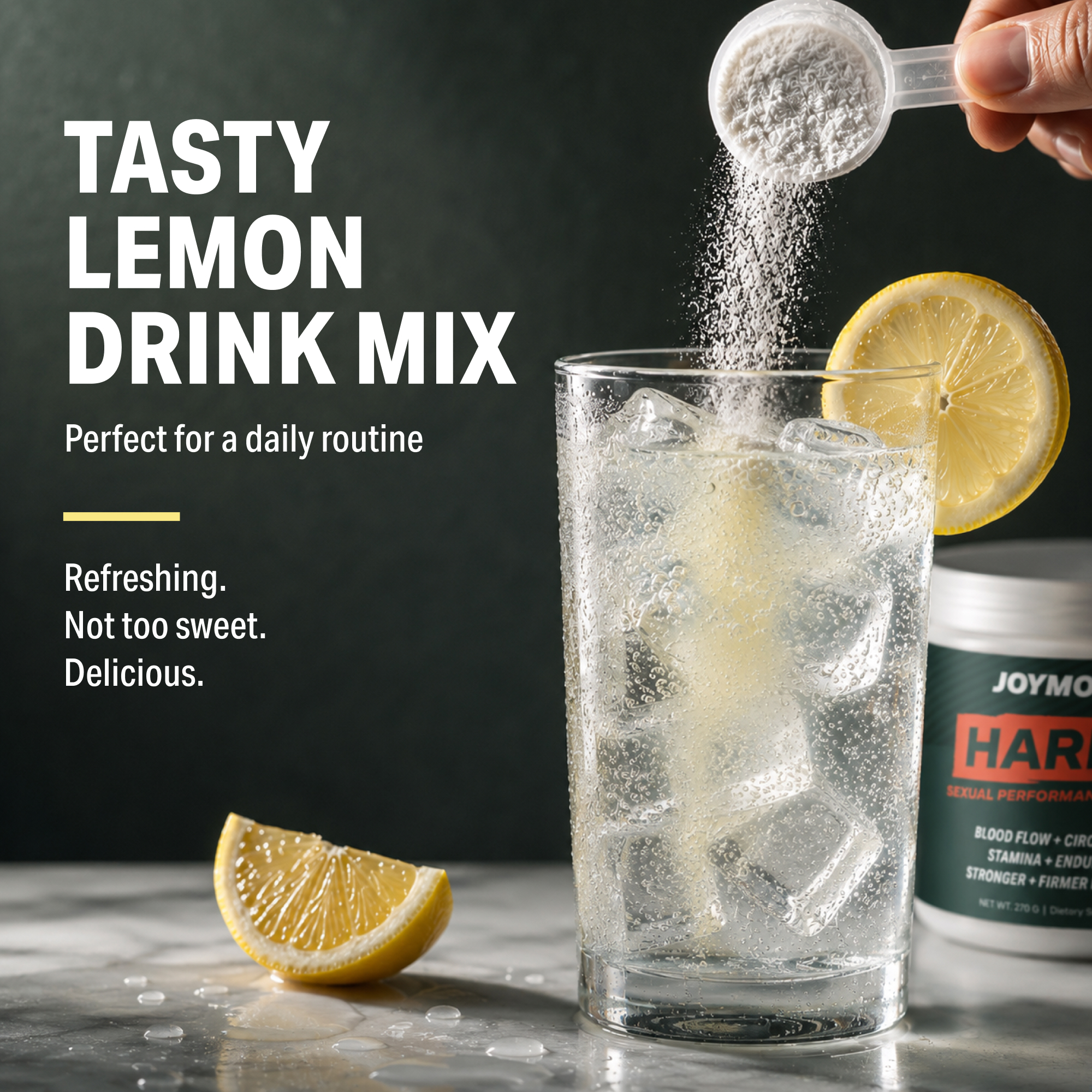 A hand pours white powder from a scoop into a glass of ice water with a lemon slice.