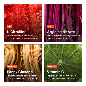 A four-panel image showing ingredients L-Citrulline, Arginine Nitrate, Panax Ginseng, and Vitamin C with their benefits listed.