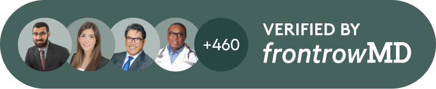 Four diverse professionals' headshots with text 'VERIFIED BY frontrowMD' and '+460' icon.