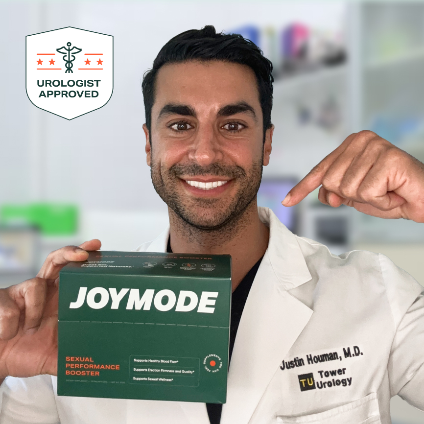 Man in white coat holding a box labeled 'Joymode' with 'Urologist Approved' badge.