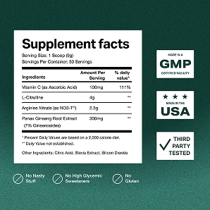 A supplement facts label showing ingredients and certifications like GMP, Made in the USA, and Third Party Tested.