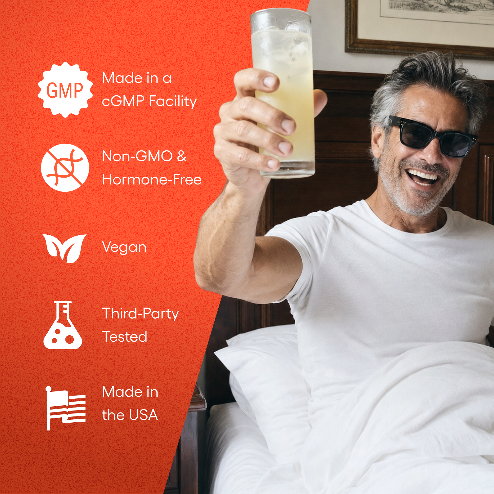 A smiling man with sunglasses in bed raises a glass next to an orange graphic with text.