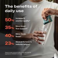 Person pouring supplement into a glass, with text about daily use benefits.