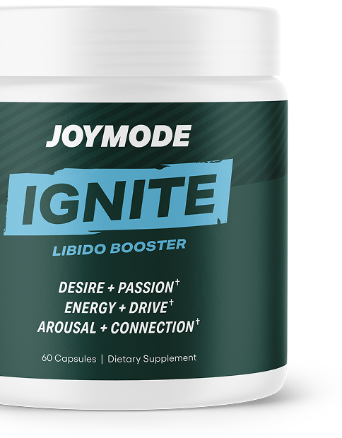 A close-up shot of a white bottle of Joymode Ignite Libido Booster dietary supplement.