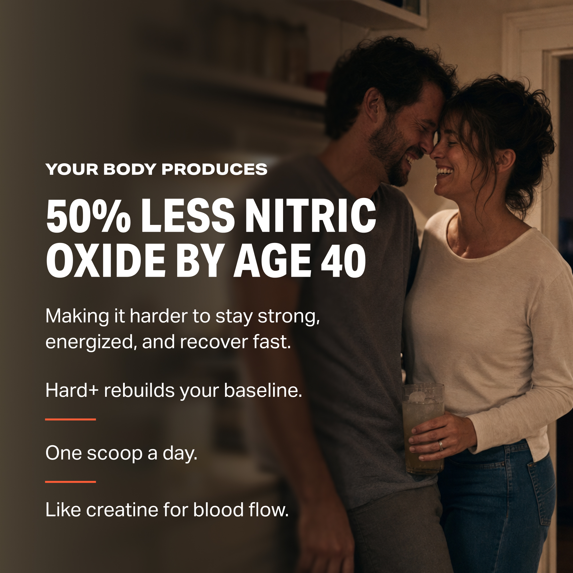 A smiling man and woman embrace affectionately next to advertising text about nitric oxide.