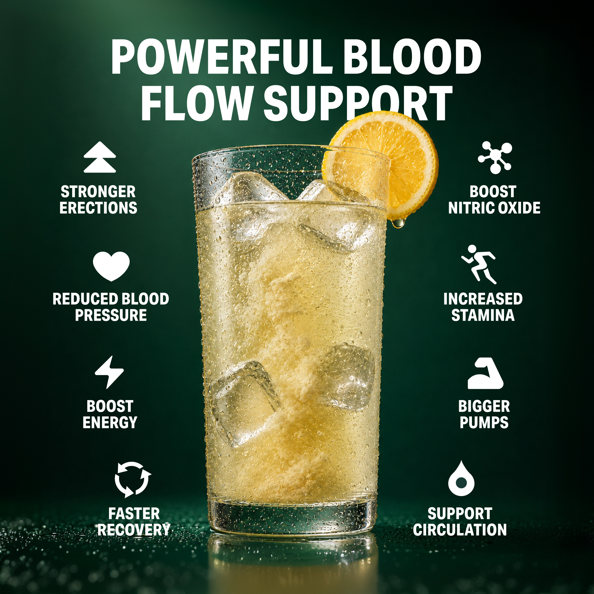 An iced drink with a lemon slice, surrounded by text listing benefits for blood flow and circulation.