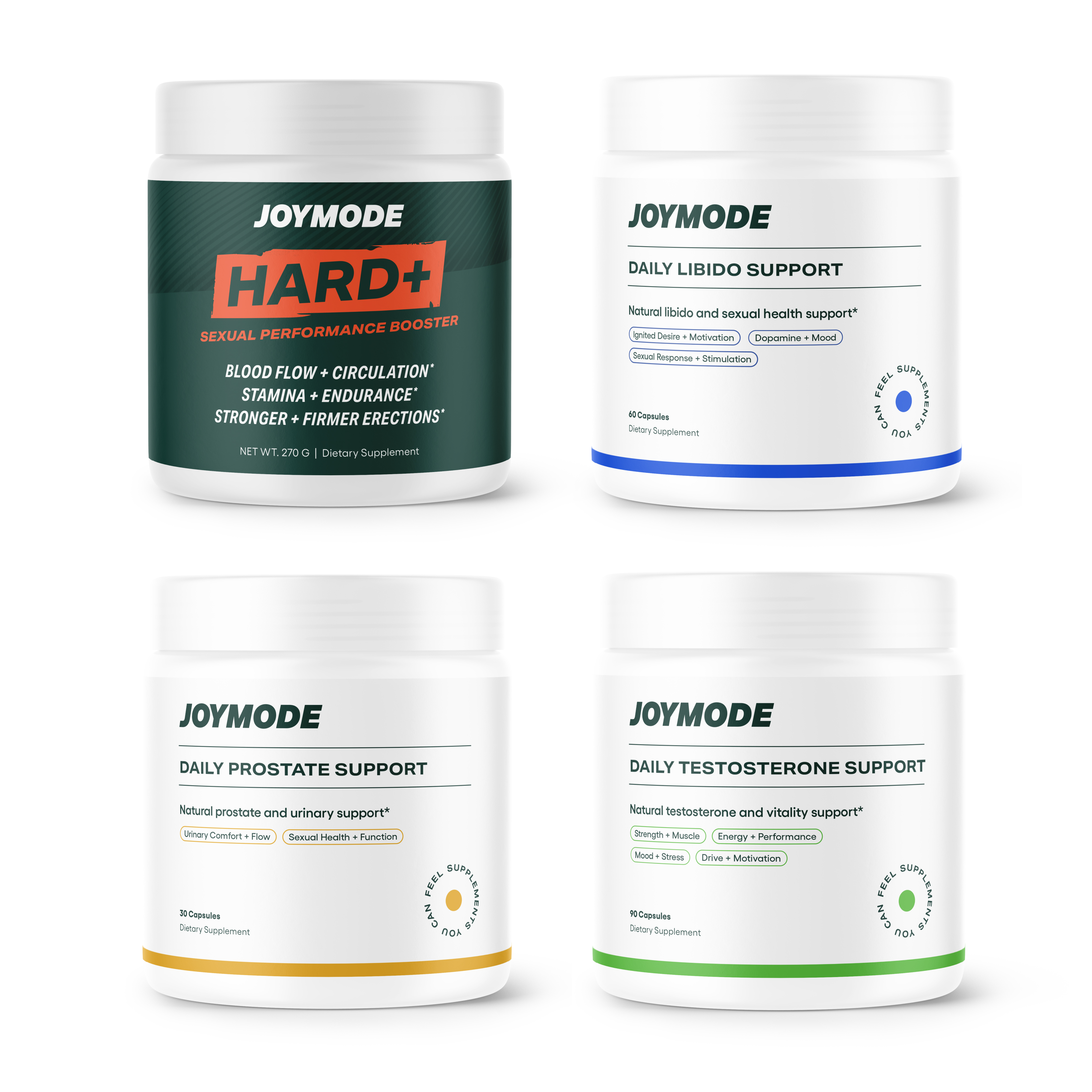Four Joymode supplement jars with different labels and purposes.