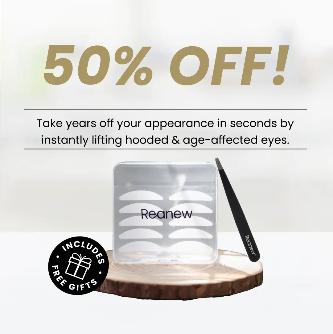 An advertisement for Reanew eyelid strips, showing the product case and tweezers on a wood slice.