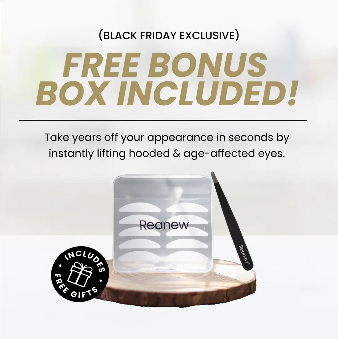 Box of eye lift strips with applicator on a wooden disc, promotional text above.