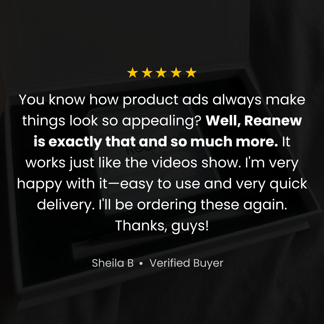Text review with five stars, praising a product's effectiveness and delivery.