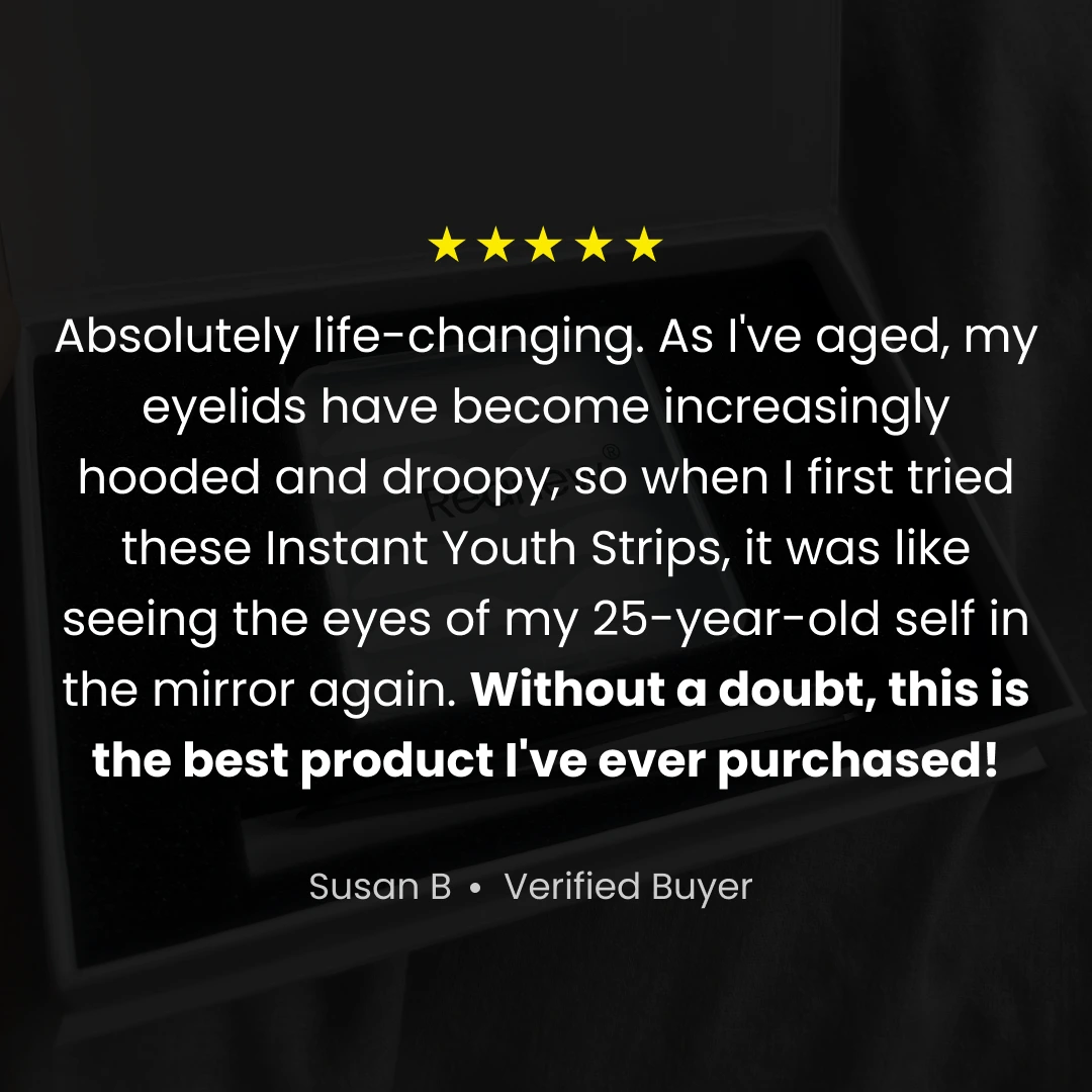 Testimonial with five stars praising Instant Youth Strips by a verified buyer, Susan B.