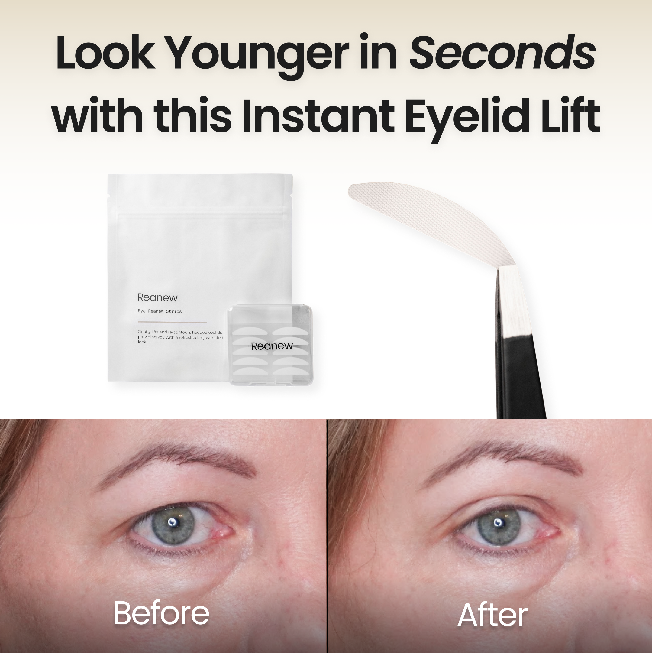 Eyelid lift product with before and after images of an eye.