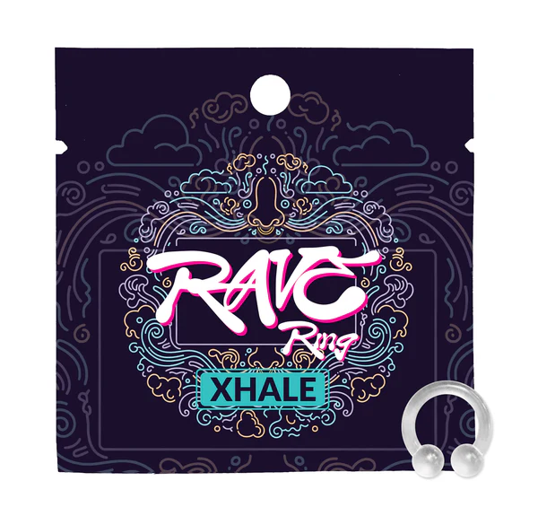 Packaging for a 'RAVE Ring' by Xhale, with a clear horseshoe-shaped nose ring next to it.