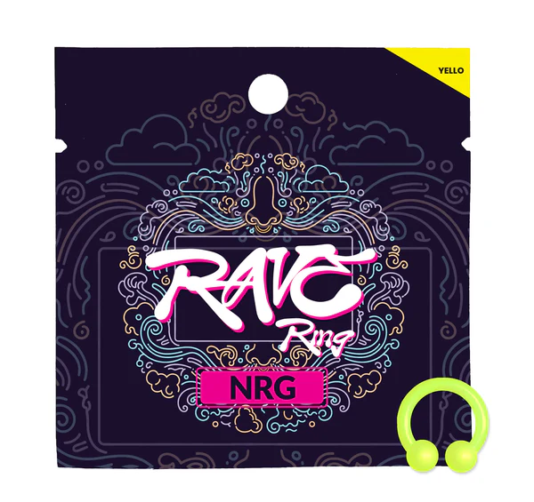 A neon yellow Rave Ring next to its dark purple and pink packaging.