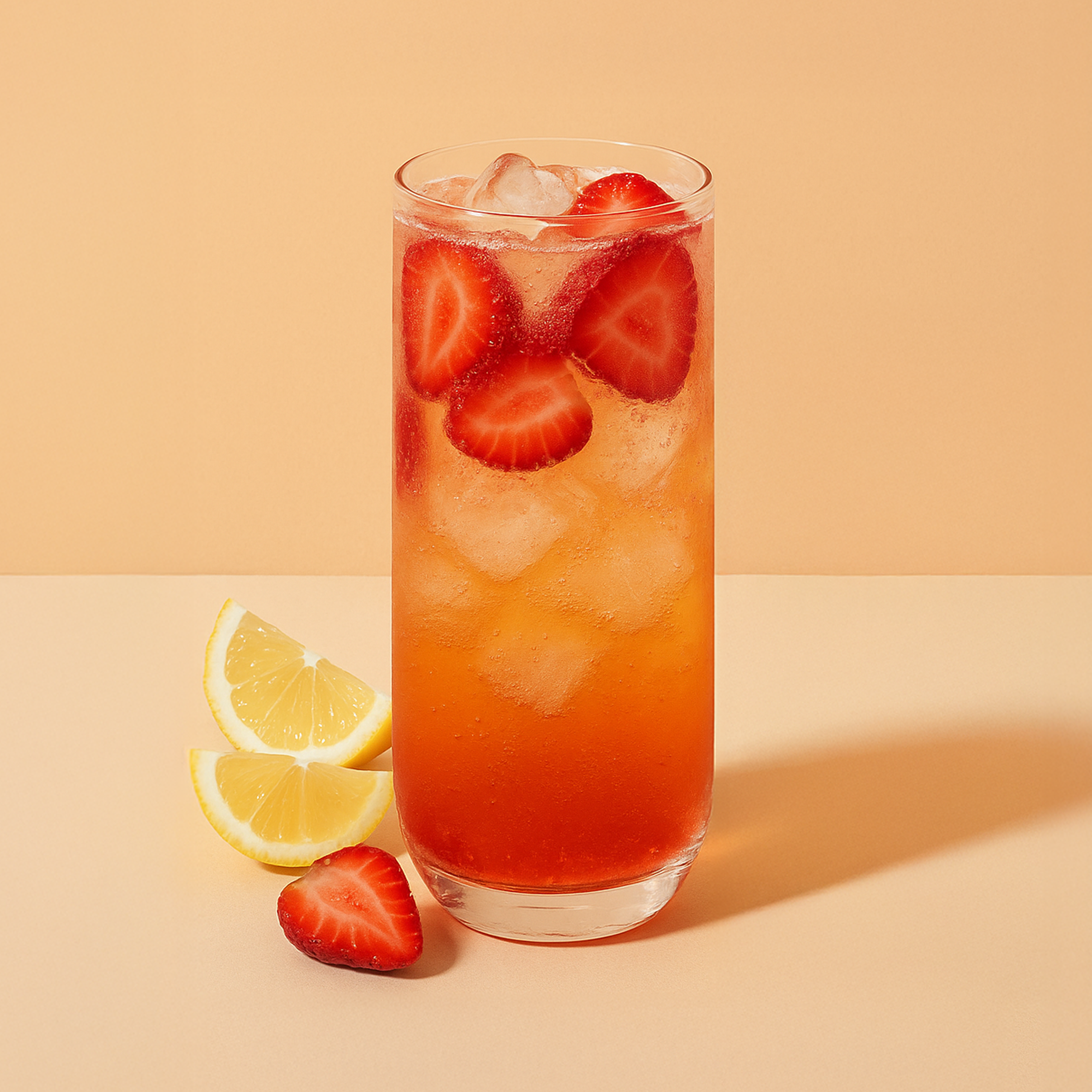 Tall glass of iced drink with strawberries and lemon slices on a peach background.