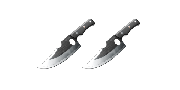 Two identical knives with black handles and curved blades on a white background.