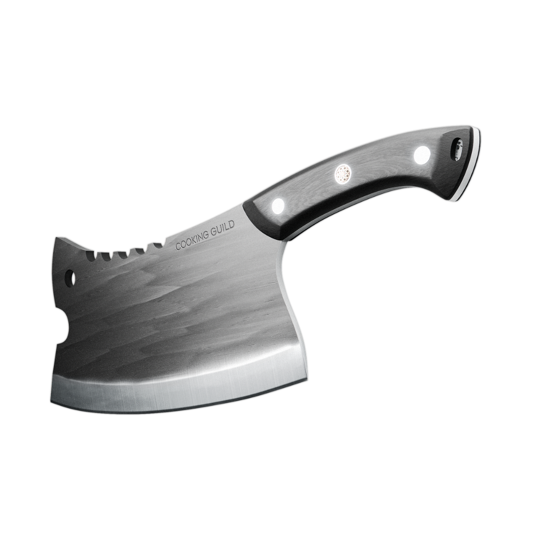A metal cleaver with a wooden handle on a black background.