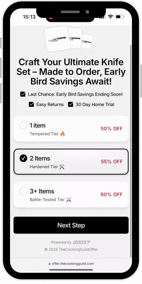 Mobile screen showing a knife set offer with discounts and selection options.