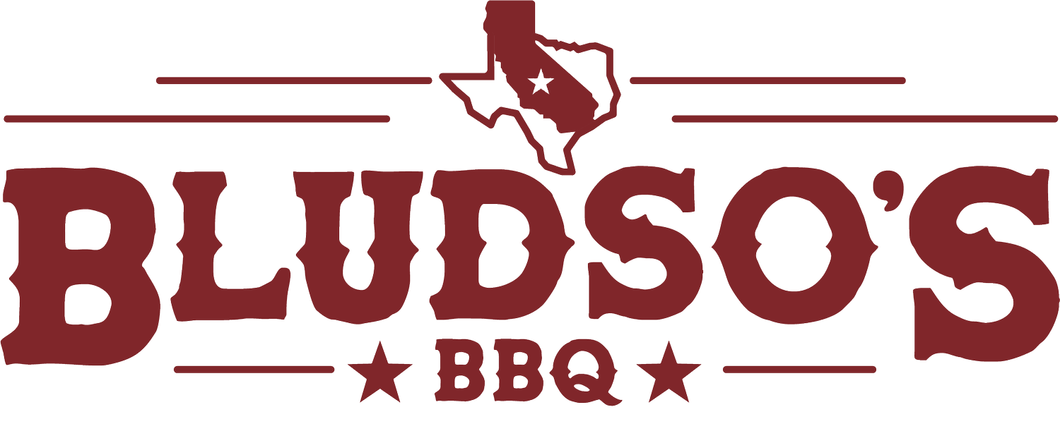 Bludso's BBQ logo with Texas and California map outlines.