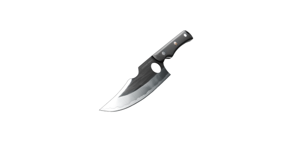 A sharp, curved knife with a black handle on a white background.