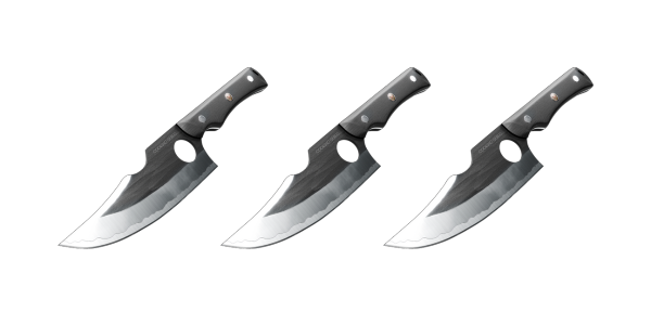 Three identical black-handled knives with curved blades on a white background.