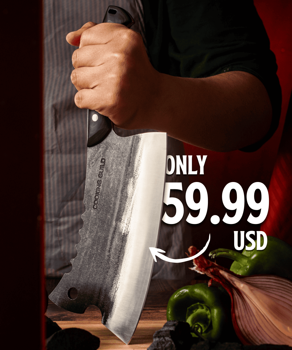 Person holding a large knife with price text overlay.