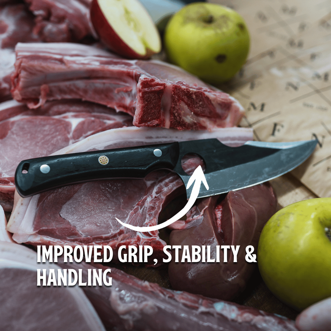 Knife on raw meat with apples and text about grip and handling.