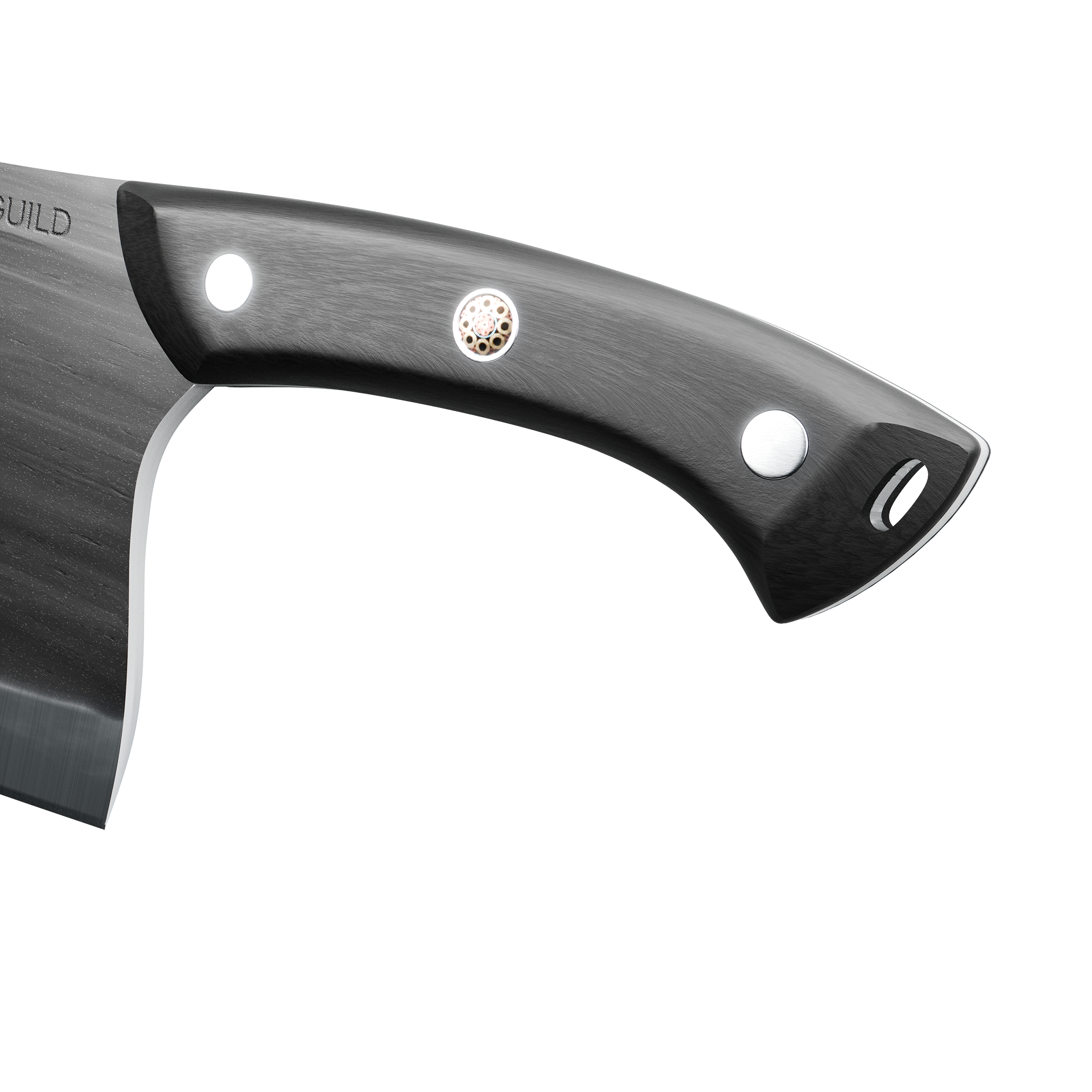 Close-up of a black knife handle with metal rivets.