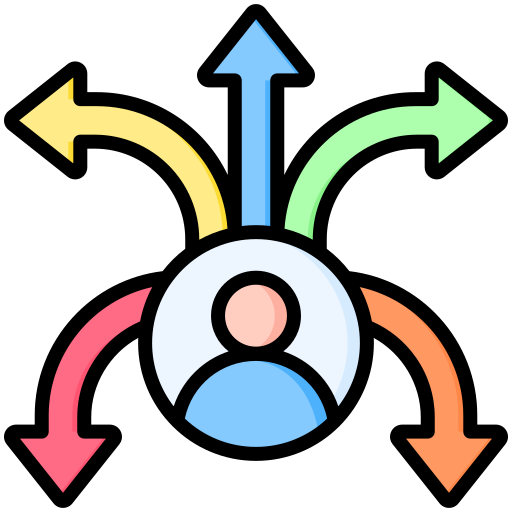 An icon of a person with multiple colored arrows pointing out in different directions, representing choices.