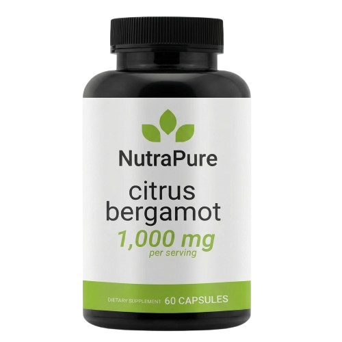 A bottle of NutraPure brand citrus bergamot dietary supplement, 1,000 mg, containing 60 capsules.