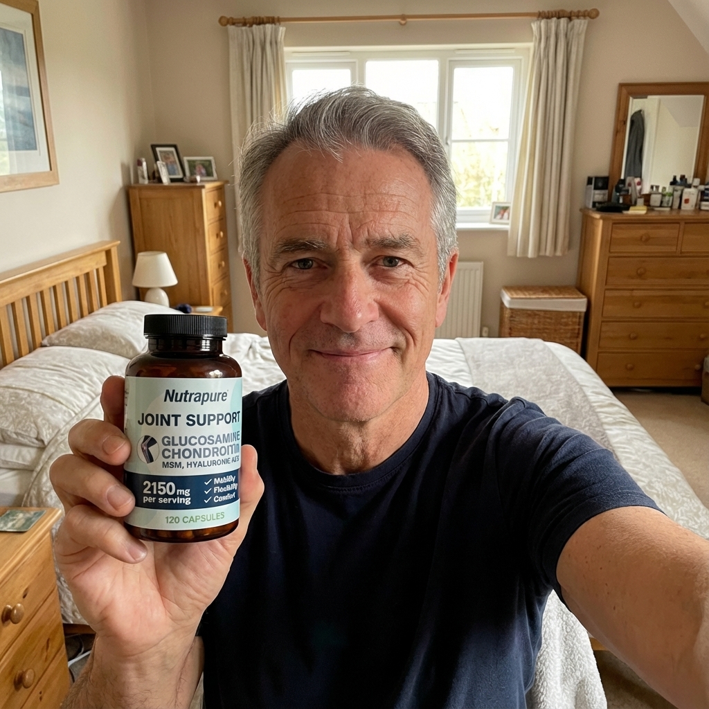Person holding a bottle labeled 'Joint Support' in a bedroom setting.