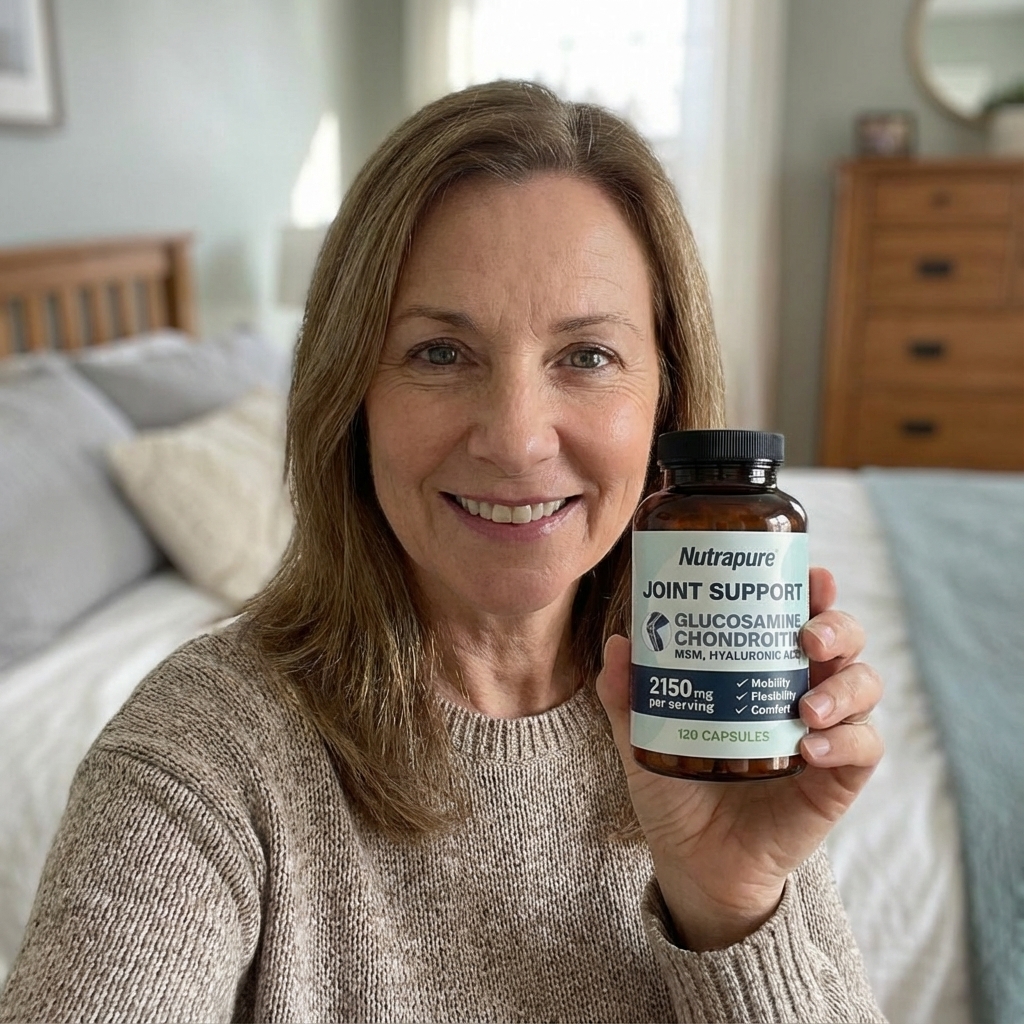 Person smiling, holding a bottle labeled 'Joint Support' in a bedroom setting.