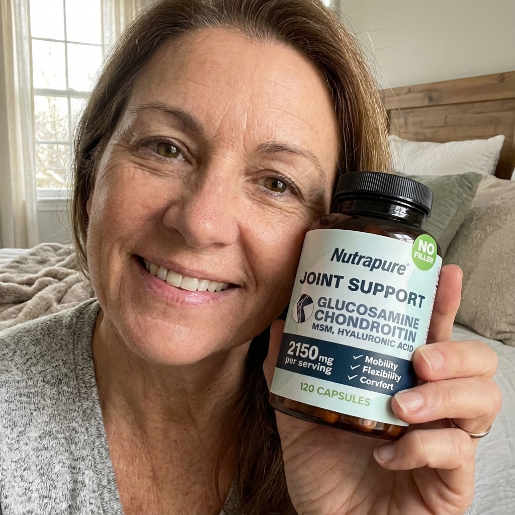 Person smiling, holding a bottle of joint support capsules in a bedroom.