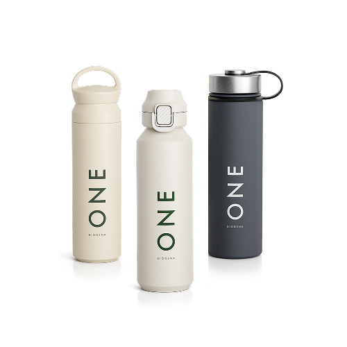 Three insulated bottles with the word 'ONE' on them, in cream and gray colors.