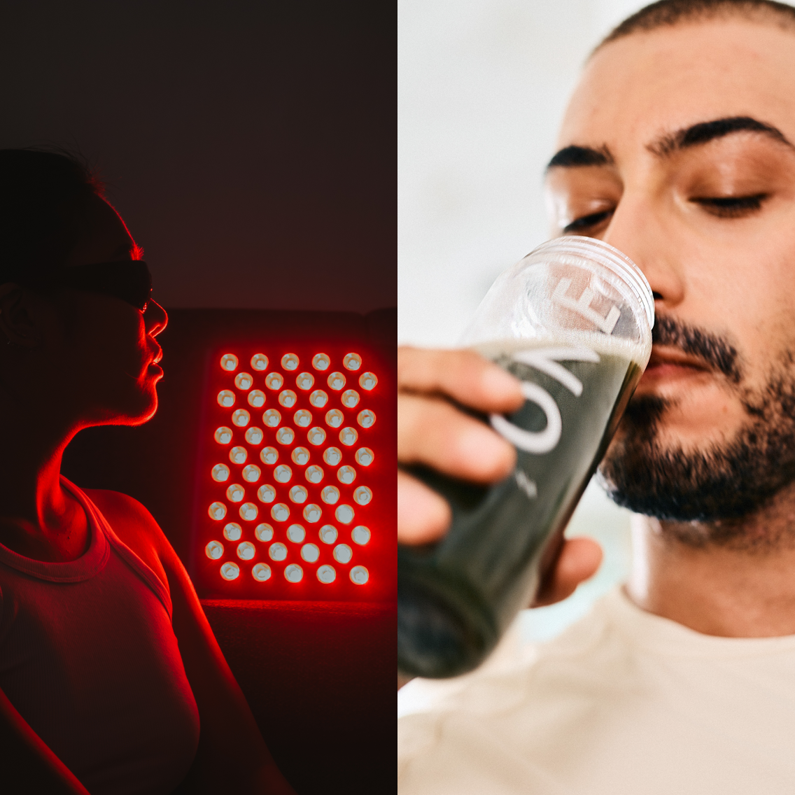 Split image: person with red light therapy, person drinking from a glass.